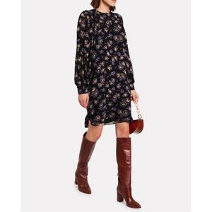 GANNI Gathered Floral-Print Georgette Long Sleeve Mini Dress, Medium